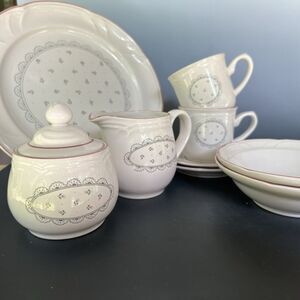 Vintage Victoriana Japan 1988 Stoneware Set - 9 Pcs - Pink Rose & Grey Lace